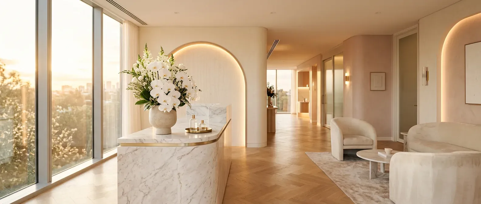 Intérieur lumineux et élégant de la Clinique Visage — espace d'accueil chaleureux baigné de lumière naturelle